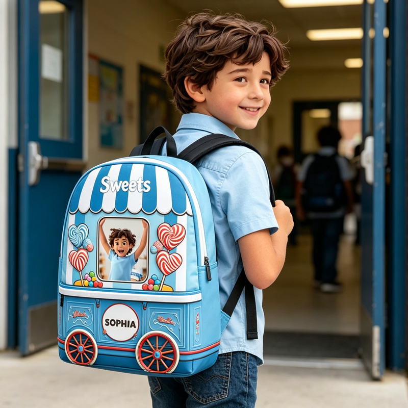 Personalized Lollipop Sweets Cart Photo Insert Kids Backpack