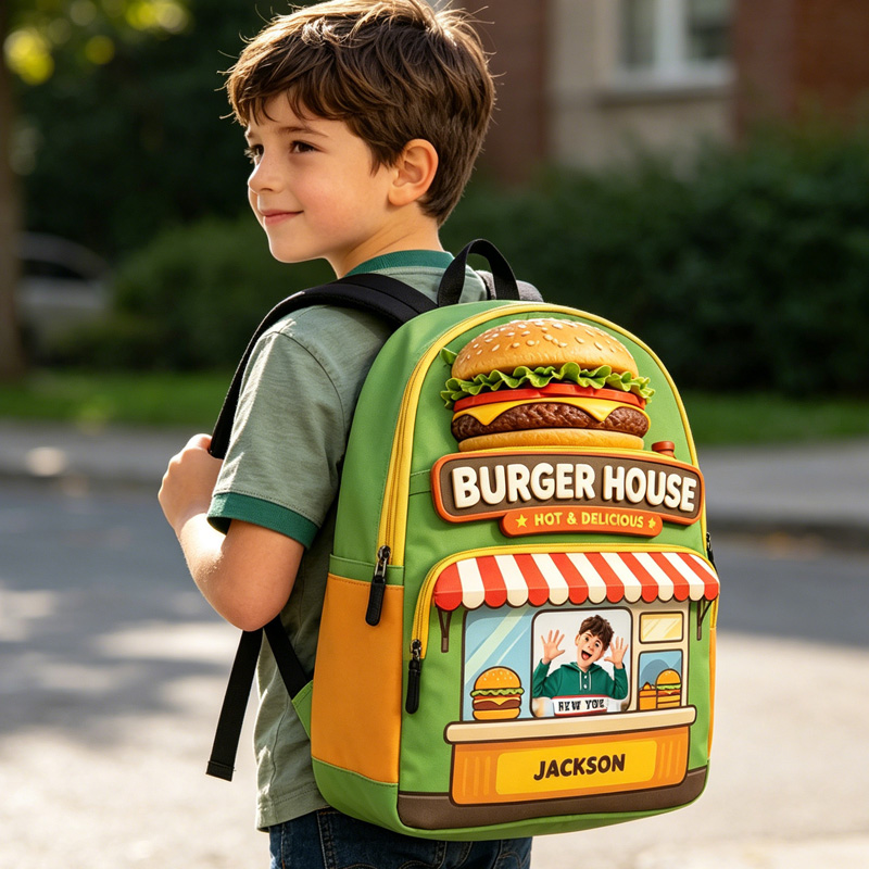 Personalized Custom Name Burger House Photo Insert Kids Backpack