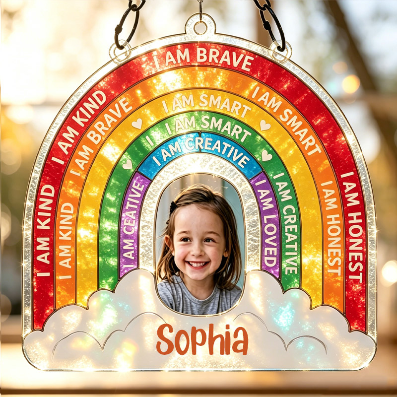 Personalized Kid's Name Photo Rainbow Positive Kids Glass Suncatcher