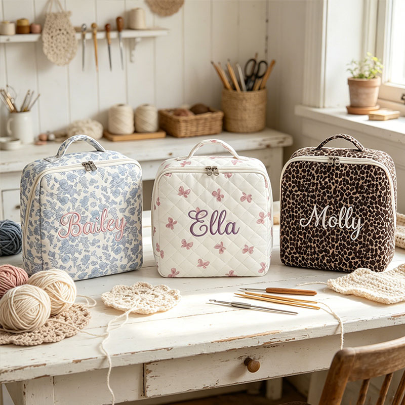 Personalized Embroidered Crochet Tool Storage Bag Custom Large Floral Crochet Tool Storage Bag Multi-Compartment Portable Travel Storage Bag for Women
