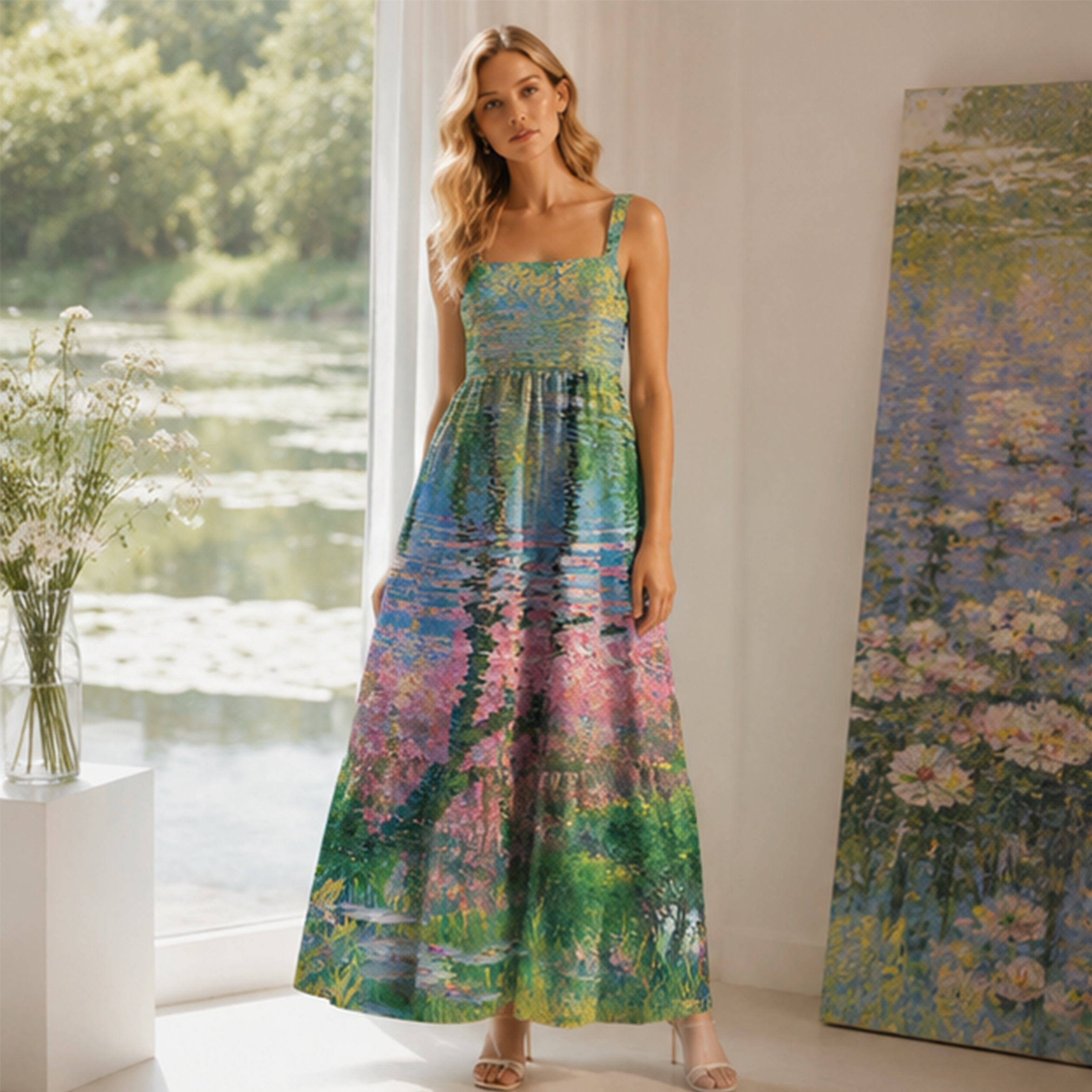 Oil Painting Natural View Green Floral Maxi Dress