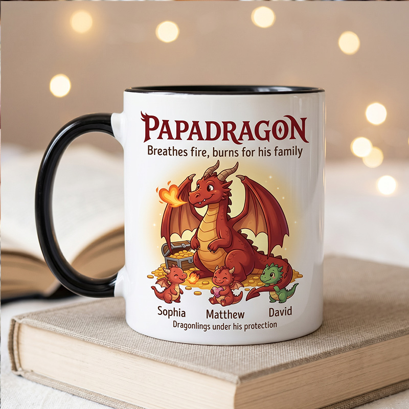 Personalized Papadragon Dragonlings under His Protection 11 oz Ceramic Mug with 1-6 Names Father's Day Gifts for Grandpa Papa Birthday Gift for Him