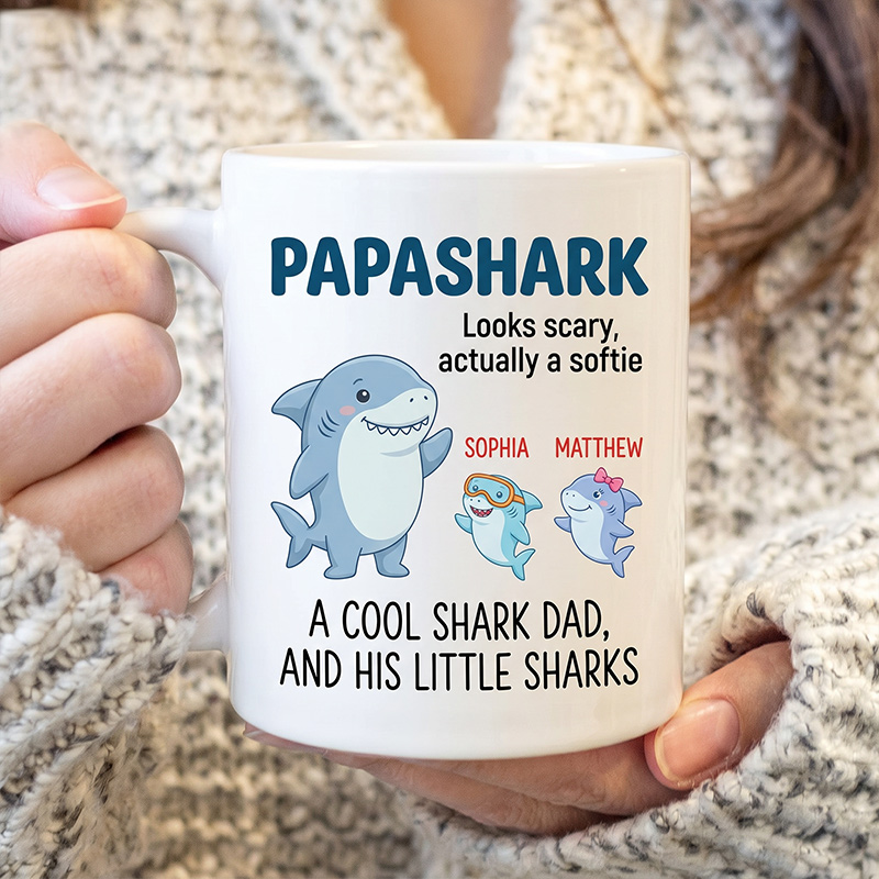 Personalized Papashark Looks Scary Actually A Softie 11 oz Ceramic Mug with 1-6 Names Father's Day Gifts for Grandpa Papa Birthday Gift for Him