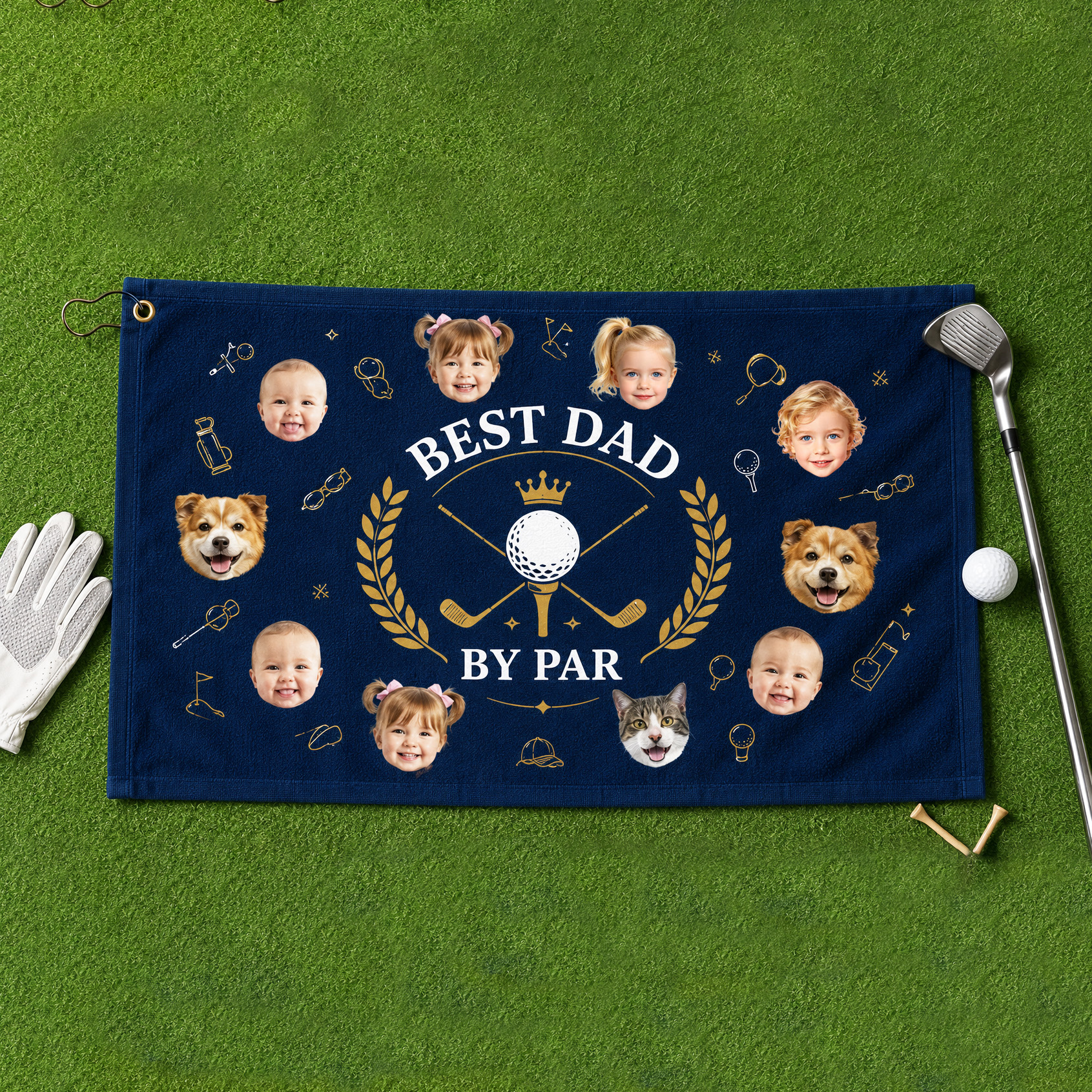 Personalized Golf Towel Best Dad By Par Custom with Kids and Pets Heads Father's Day Gift