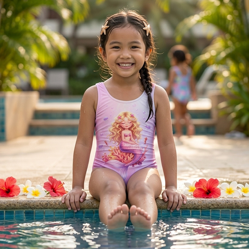 Personalized Mermaid Princess Ocean Coral Name Print Kids Pink Underwater Fantasy Beach Children's Swimsuit