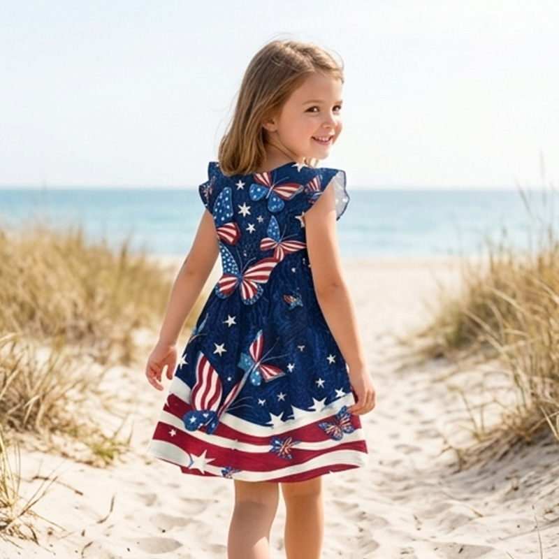 Personalized Patriotic Stars And Stripes USA Flag Print Girls Fourth Of July Red White Blue America 250th Anniversary Coquette Ruffle Dress