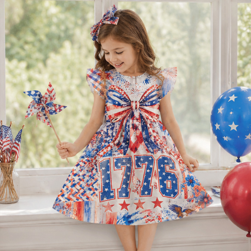 Personalized USA Stars Stripes Fireworks Independence Day Red White Blue Girls Fourth Of July America 250th Anniversary Coquette Ruffle Dress