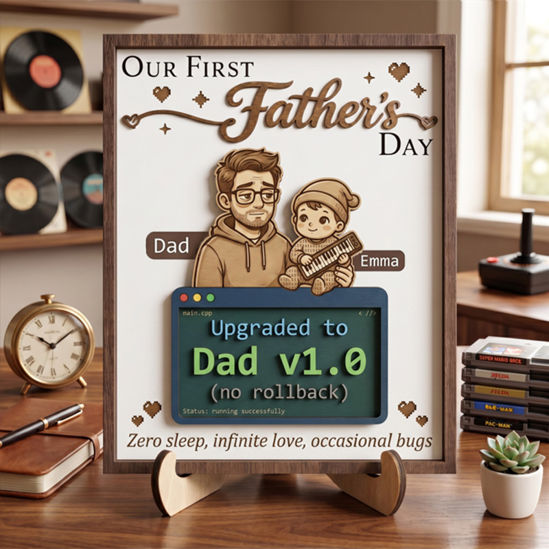 Personalized Our First Father's Day Sign Custom Upgrated to Dad Wooden Plaque with Kids Dad Gifts Father's Day Gift For Him