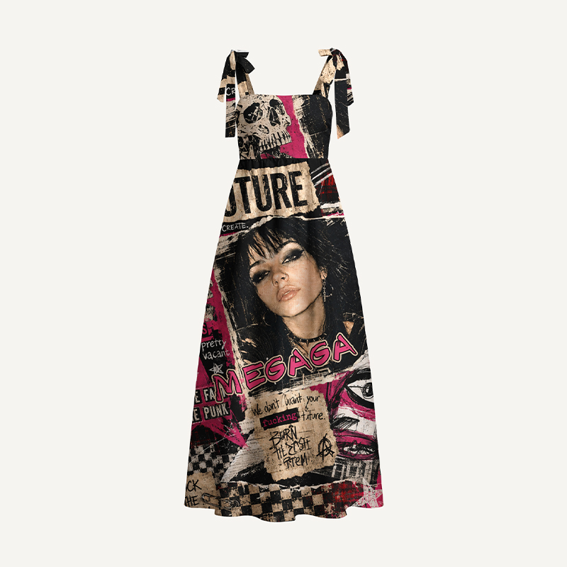 Personalized Grunge Punk Maxi Dress Collage Print Custom Photo and Name Bow Strap Rock Graphic Flowy Dress