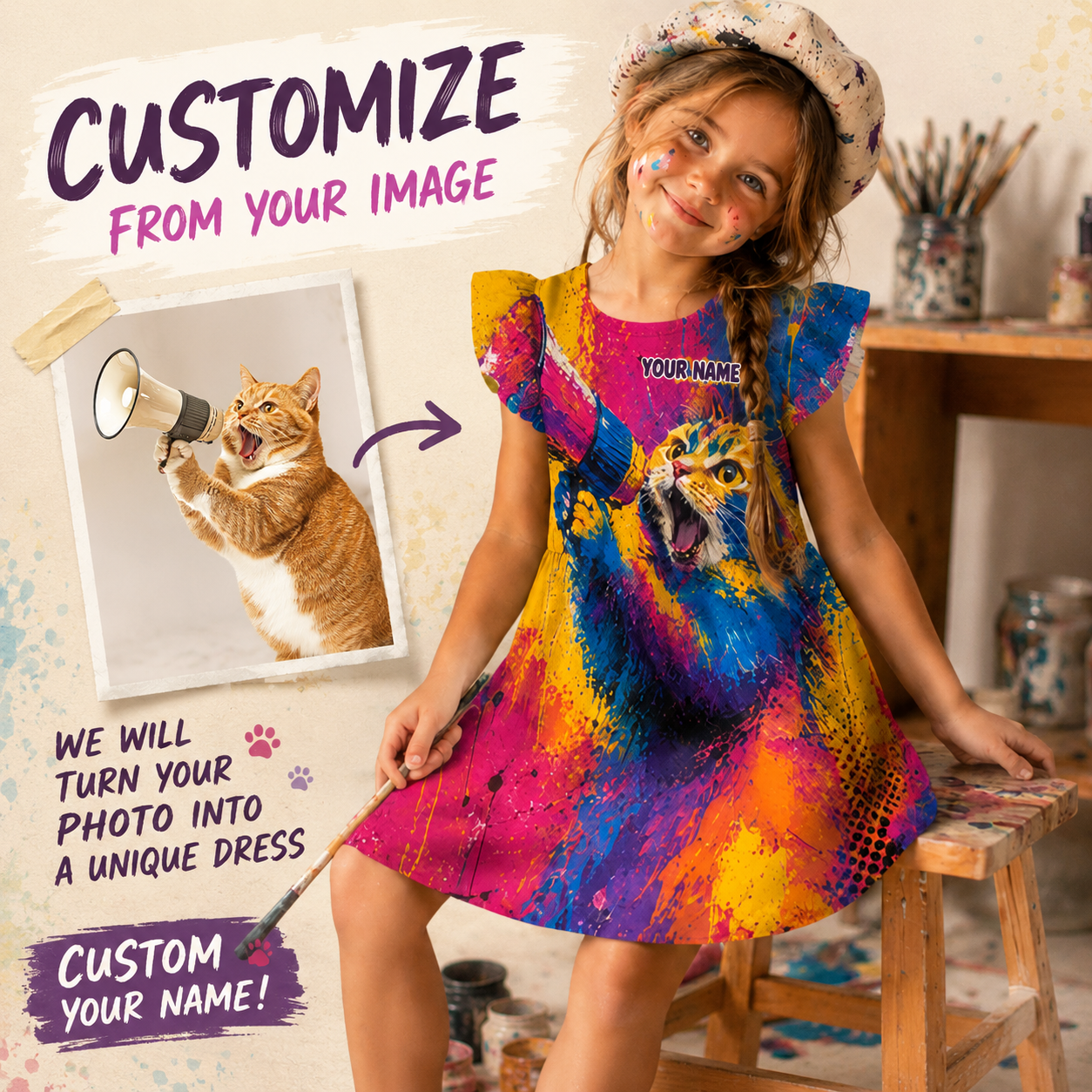Personalized Custom From Your Photo Colorful Artistic Paint Splash Unique Portrait Keepsake Gift Coquette Ruffle Dress