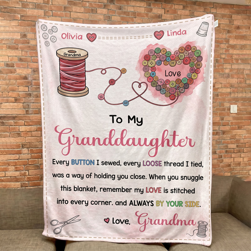 Personalized To My Granddaughter Sewing Themed Blanket Custom Gift with Names Buttons and Heartfelt Message