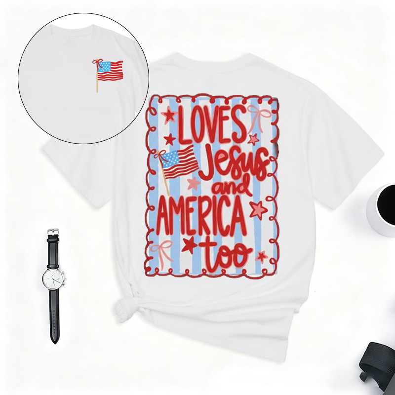 250th USA Anniversary T-Shirt Loves Jesus and America Too 4th of July Patriotic Coquette Bow Tee American Flag  