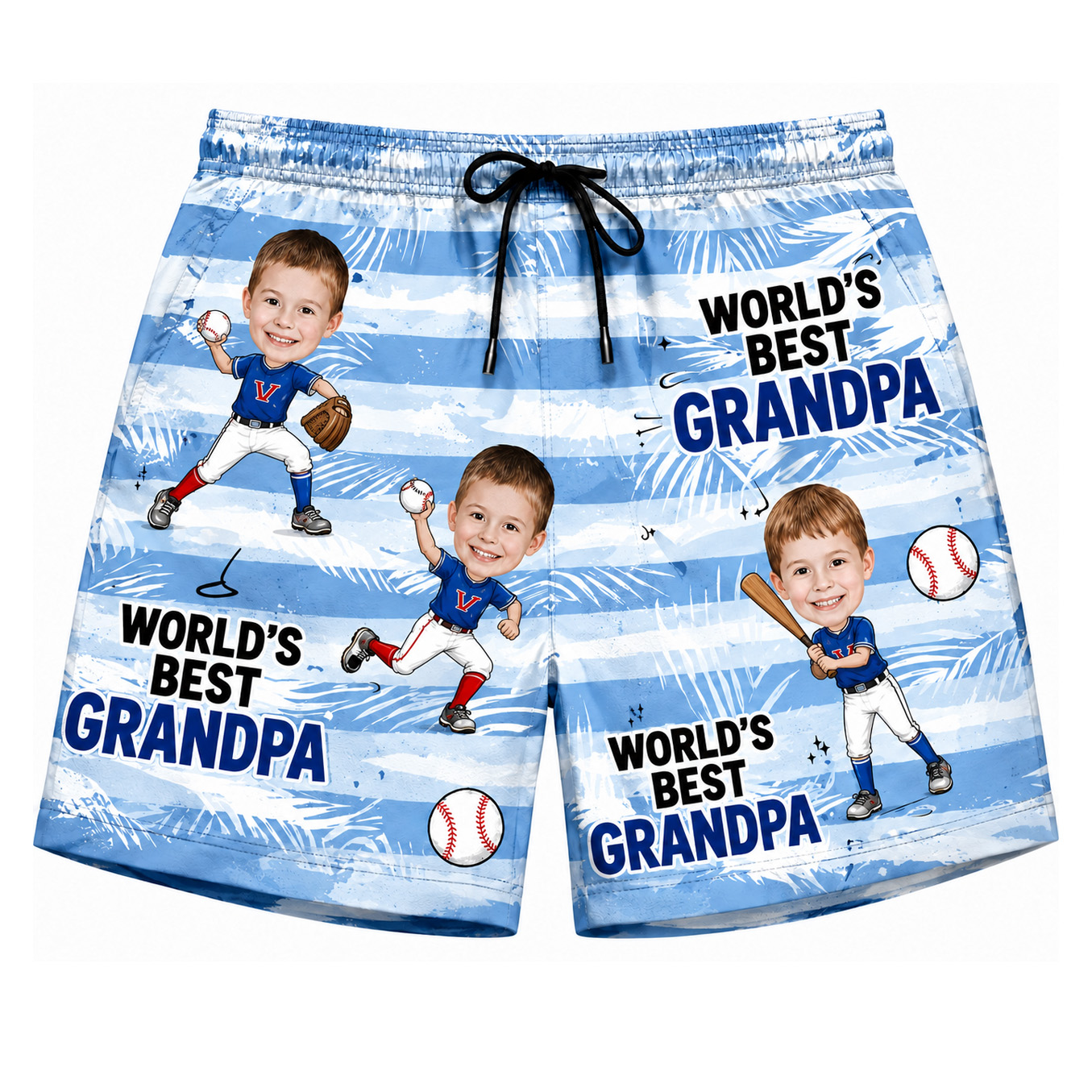 Personalized Baseball Shorts World's Best Grandpa Custom Photo Kids Face Summer Beach Trunks Gift