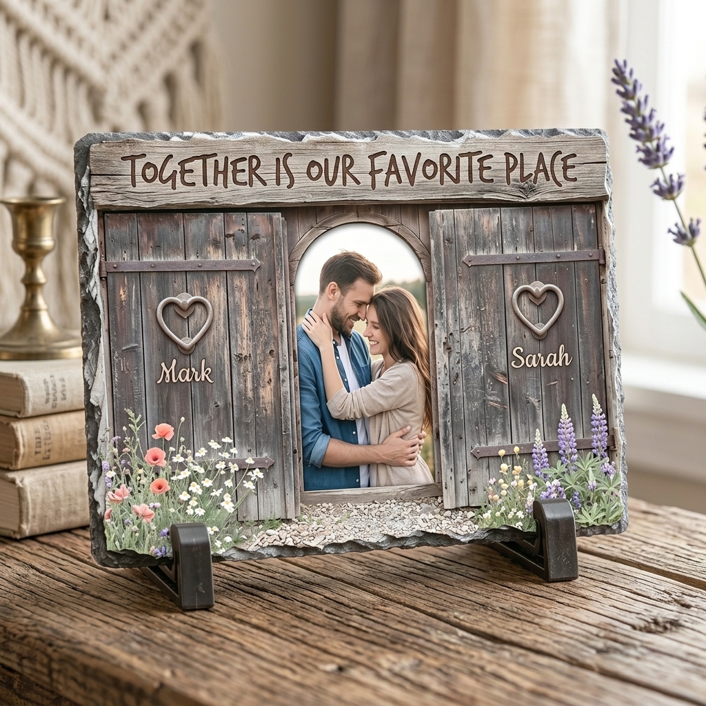 Personalized Together is Our Favorite Place Stone Retro Couple Photo Rectangle Shaped Stone with Stand Anniversary Gift Couple Home Keepsake Gift