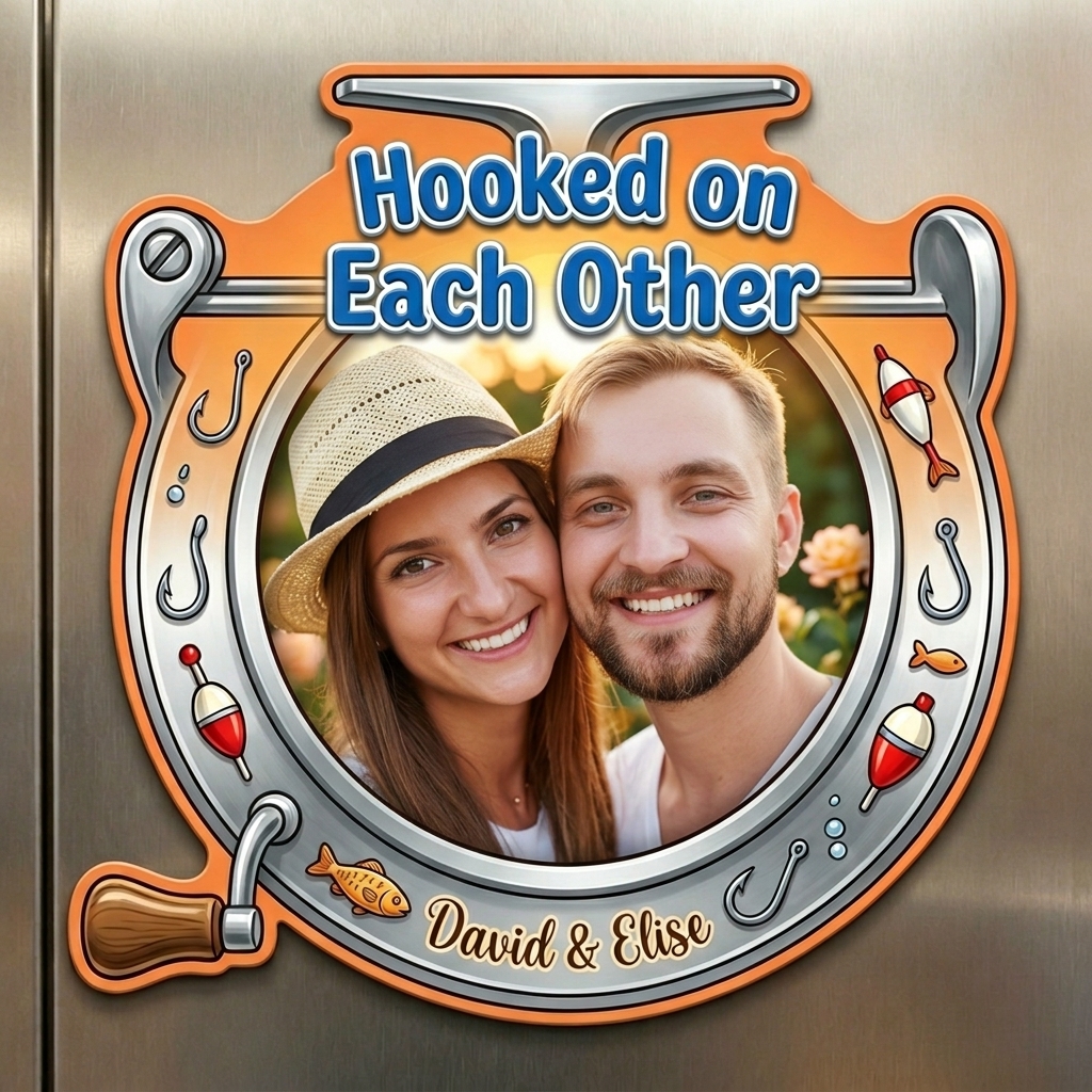 Personalized Hooked On Each Other Couple Photo Fridge Magnet Custom Couple Gift with Names Anniversary Gift for Her Him Fishing Lovers Gift