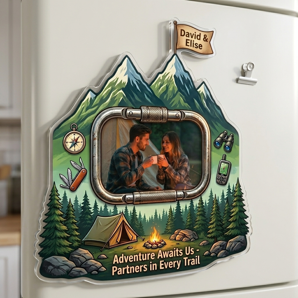 Personalized Camping Couple Photo Fridge Magnet Custom Couple Gift with Names Anniversary Gift for Her Him Camping Lovers Gift