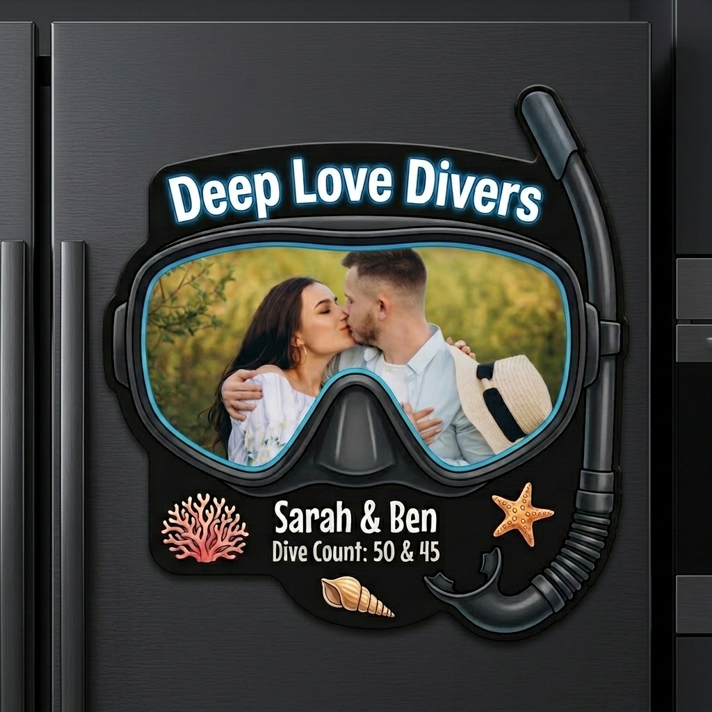 Personalized Diving Theme Couple Photo Fridge Magnet Custom Couple Gift with Names Anniversary Gift for Her Him Diving Lovers Gift