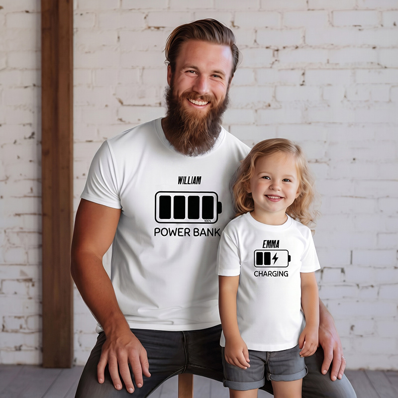 Personalized Power Bank and Charging Tshirt Father Son Matching Tee Dad and Baby Shirt Father Daughter Matching Tee Gift For Dad