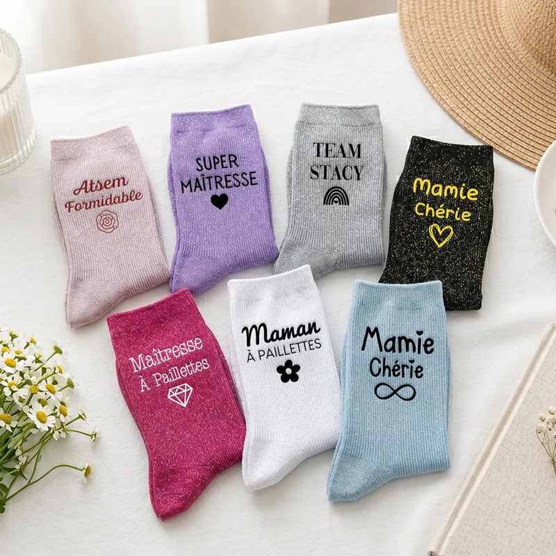 Personalized Teacher Appreciation Gift Merci Super Maitresse Maman Combative Merveilleuse Maitresse Cute Cozy Glitter Socks