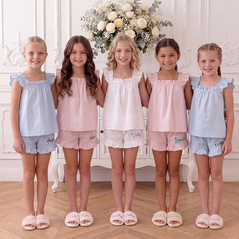 Personalized Floral Party Ruffle Top And Shorts Matching Girls Sleepwear Birthday Sleepover Gift Kids Pajamas