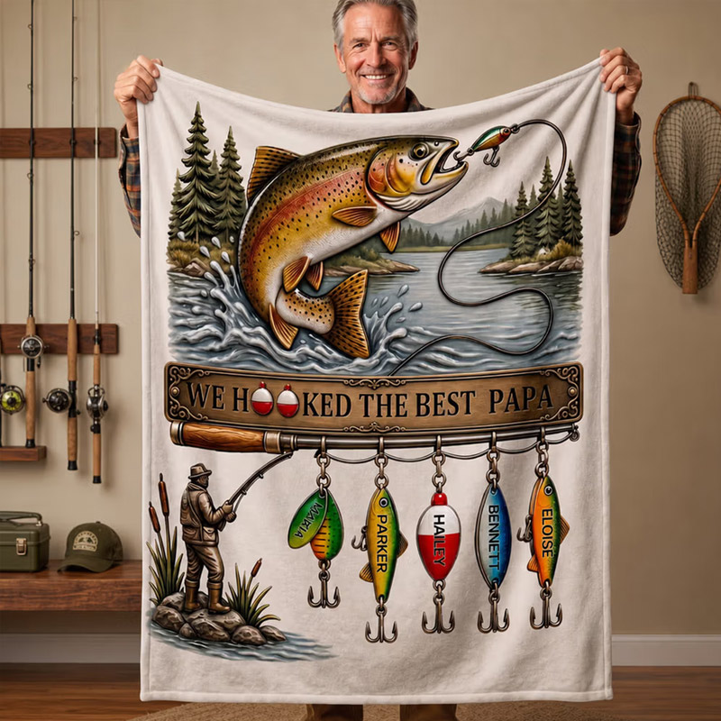 Personalized We Hooked The Best Papa Soft Throw Blanket with Name Home Decor Custom Father's Day Birthday Gift for Dad Grandpa Fishing Lover