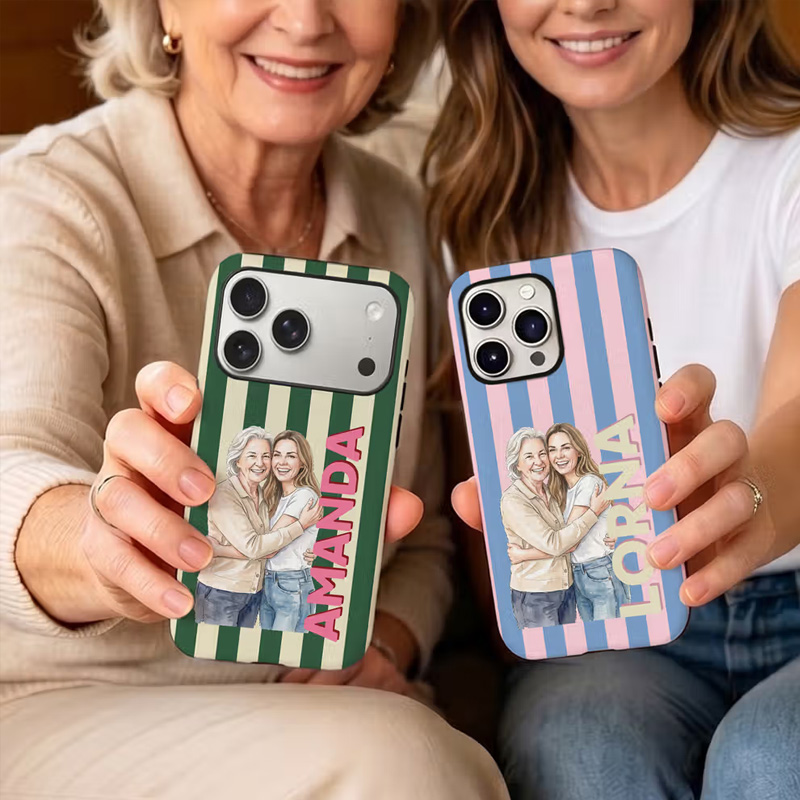 Personalized Retro Stripe Photo Phone Case for iPhone with Name Daily Use Birthday Gift for Family Friend