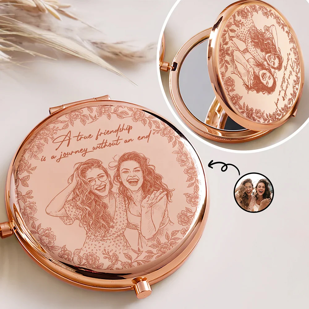 Personalized Compact Mirror Custom Photo Pencil Sketch A True Friendship Is A Journey Without An End Gift for Friend