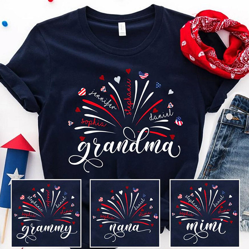 Personalized Firework USA Flag Grandma And Kids Shirt America 250th Shirt For Patriotic Nana Gigi Mimi 4th of July Independence Day Gift