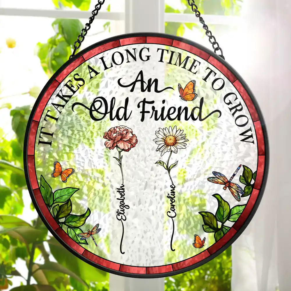  Personalized Stained Glass Window Hanging Suncatcher Birth Flower Grow An Old Friend for Best Friend