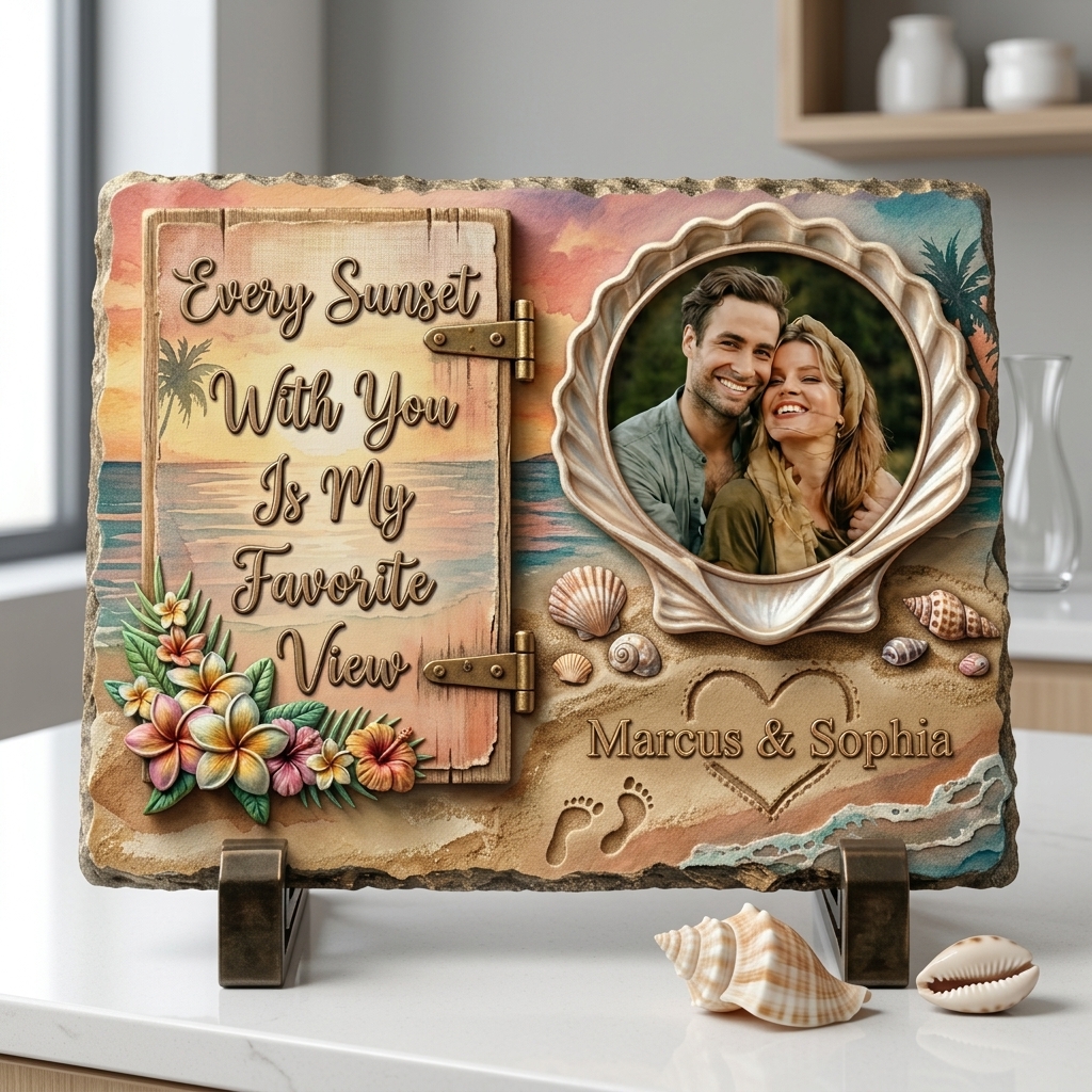 Personalized Beach Sunset Couple Photo Slate Custom Shell Frame Stone Plaque with Stand Every Sunset With You Is My Favorite View Anniversary Gift Romantic Keepsake