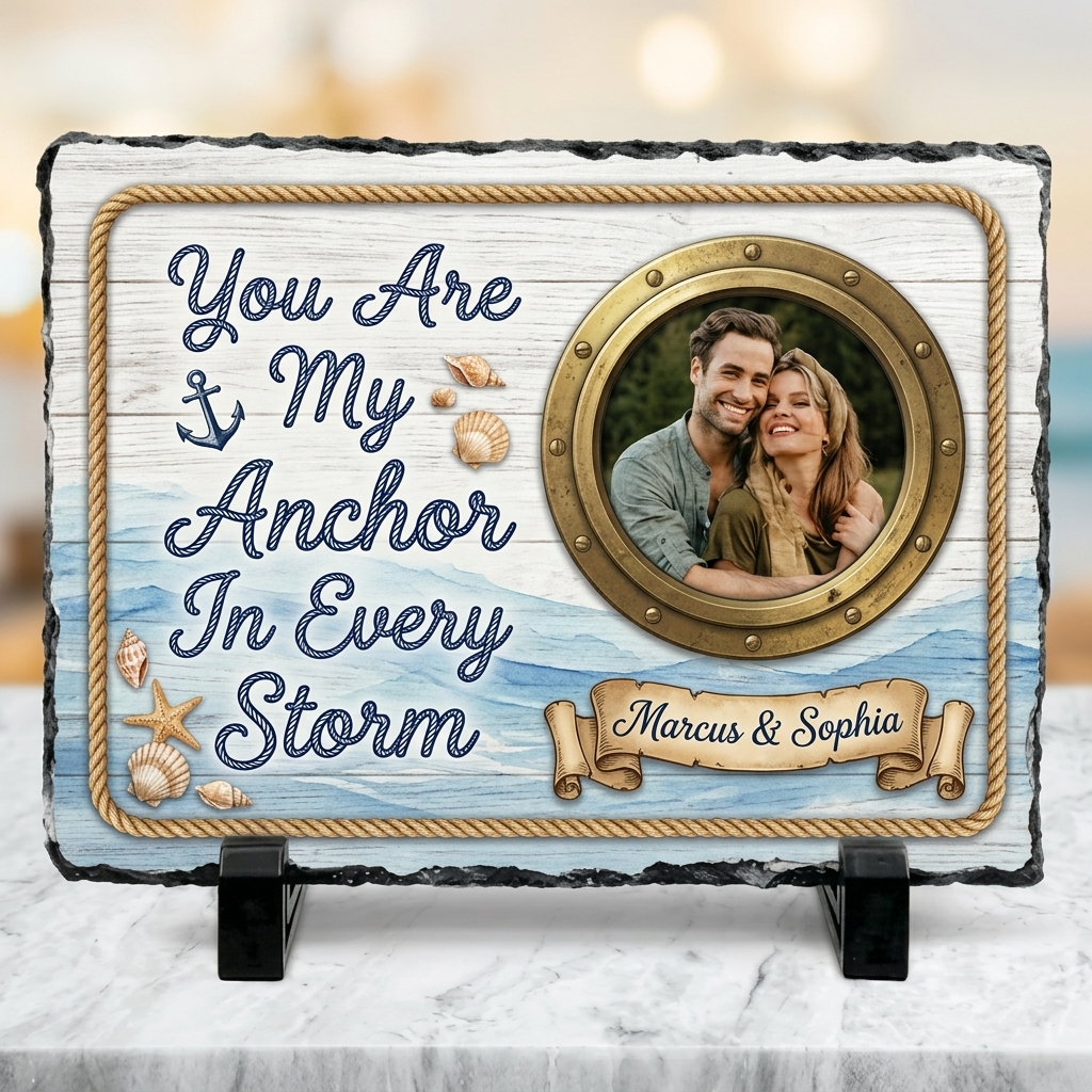 Personalized Nautical Couple Photo Slate  Custom "You Are My Anchor In Every Storm" Stone Plaque with Stand Anniversary Gift Nautical Lover Keepsake