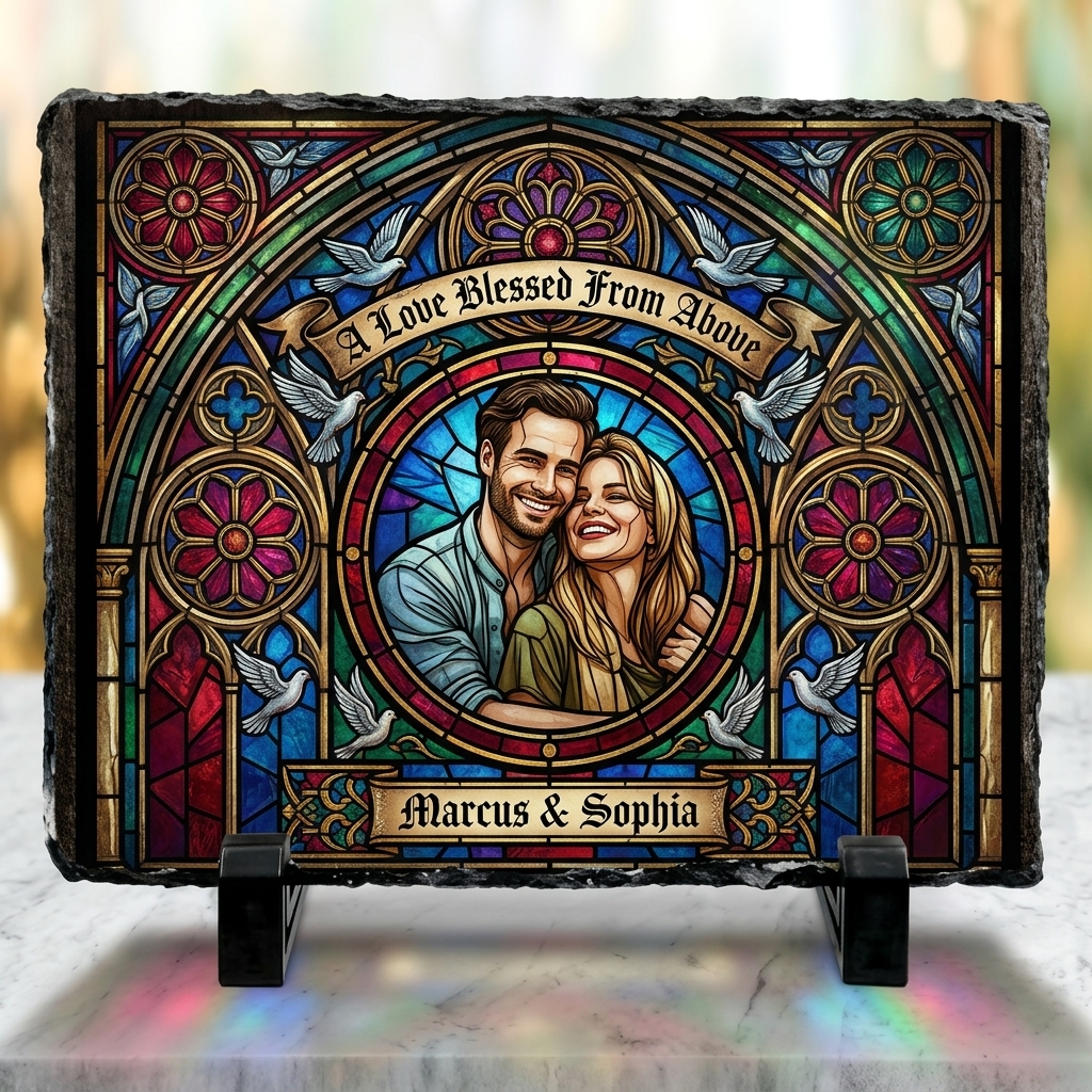 Personalized Stained Glass Style Couple Photo Slate Custom "A Love Blessed From Above" Stone Plaque Wedding Anniversary Gift Romantic Keepsake