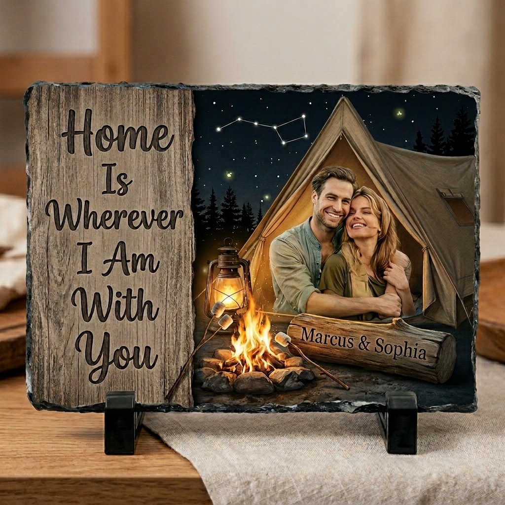 Personalized Camping Couple Photo Slate Custom "Home Is Wherever I Am With You" Stone Plaque Anniversary Gift for Outdoor Lovers