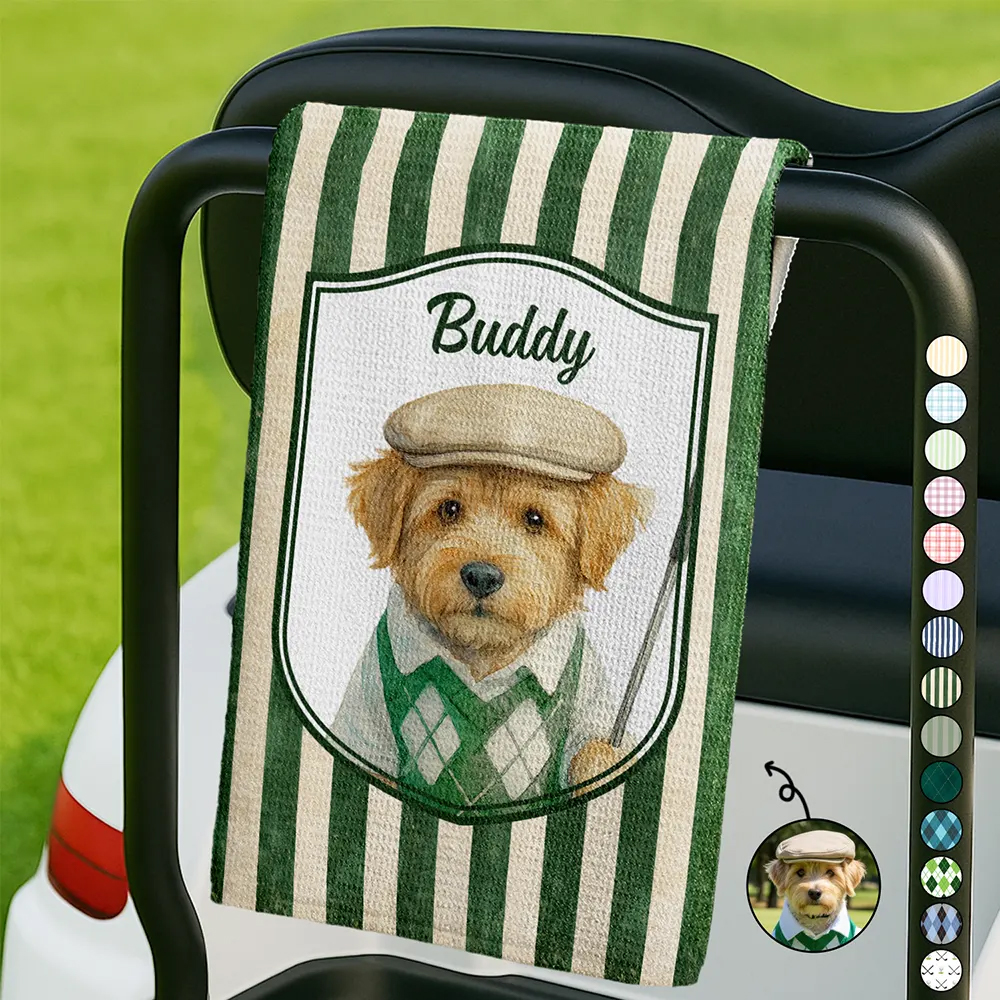Personalized Golf Towel Custom Photo Realistic Watercolor Art Dog Cat Pet Portrait Vintage Father's Day Gifts