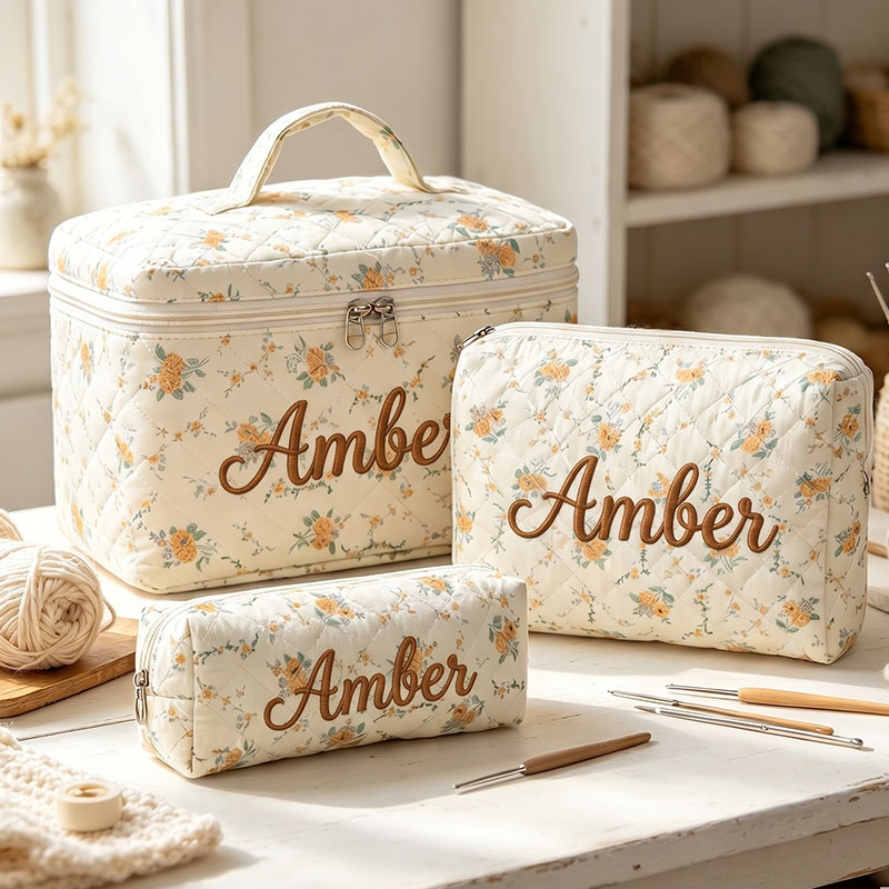Personalized Embroidered Cotton Quilted Crochet Tool Storage Bag Large Small  Floral Crochet Tool Storage Bag Set Cute Coquette Pouch for Purse Aesthetic Cloth Flower Storage Bag Organizer