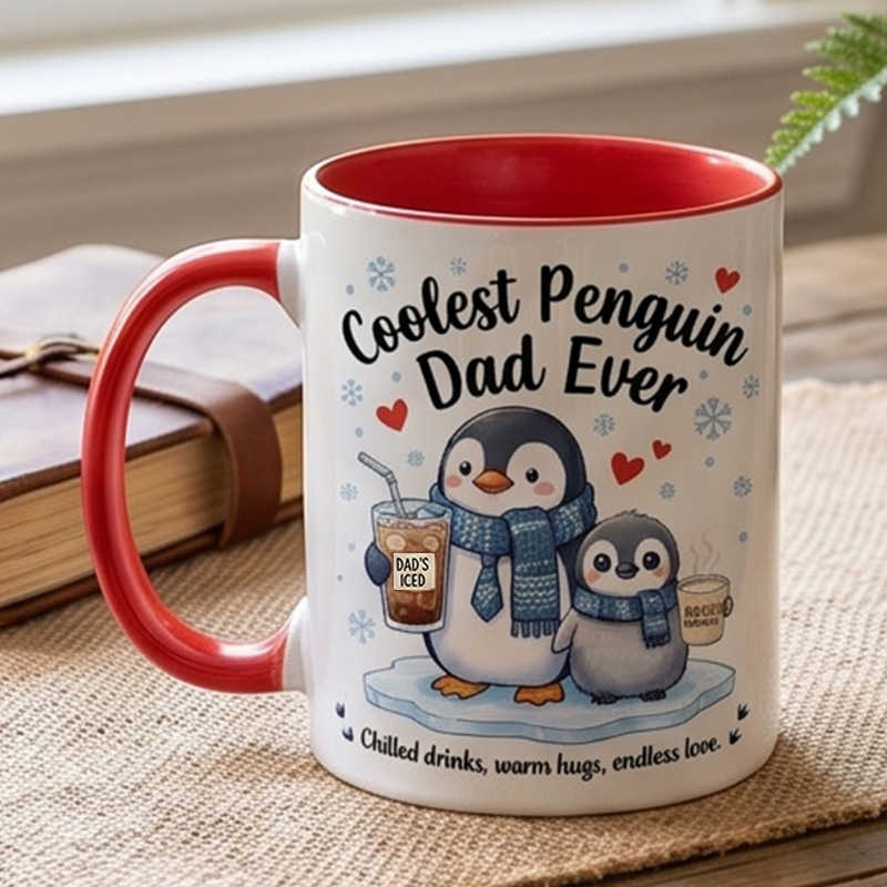 Personalized Dad & Baby Penguin Design 11 oz Ceramic Mug with Name Coolest Penguin Dad Ever Mug Birthday Gift for Dad