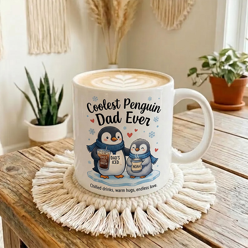 Personalized Dad & Baby Penguin Design 11 oz Ceramic Mug with Name Coolest Penguin Dad Ever Mug Birthday Gift for Dad