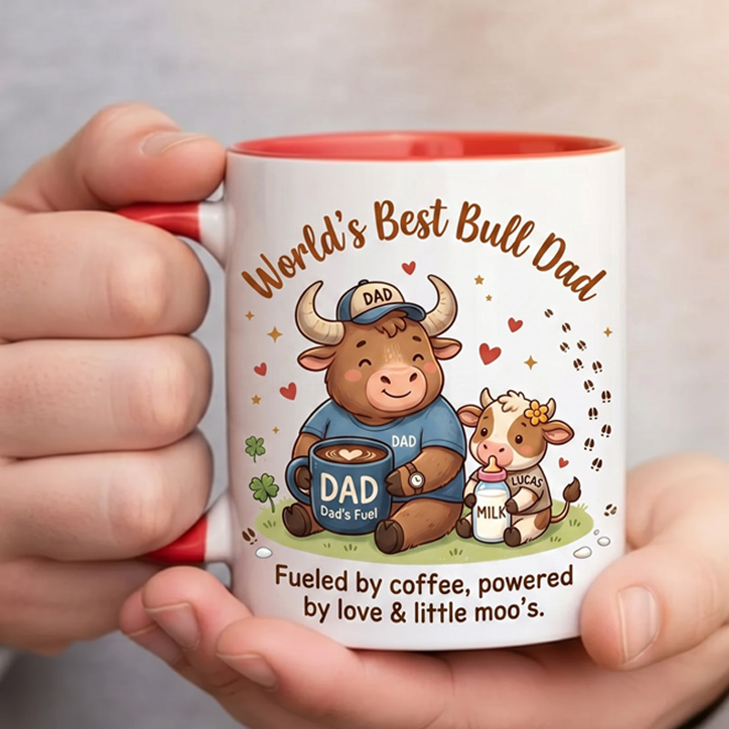 Personalized Dad & Baby Cow Design 11 oz Ceramic Mug with Name World’s Best Bull Dad Mug Birthday Gift for Dad