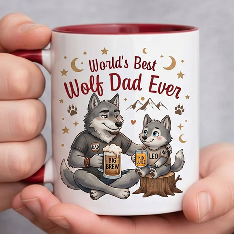 Personalized Dad & Baby Wolf Design 11 oz Ceramic Mug with Name World’s Best Wolf Dad Ever Mug Birthday Gift for Dad