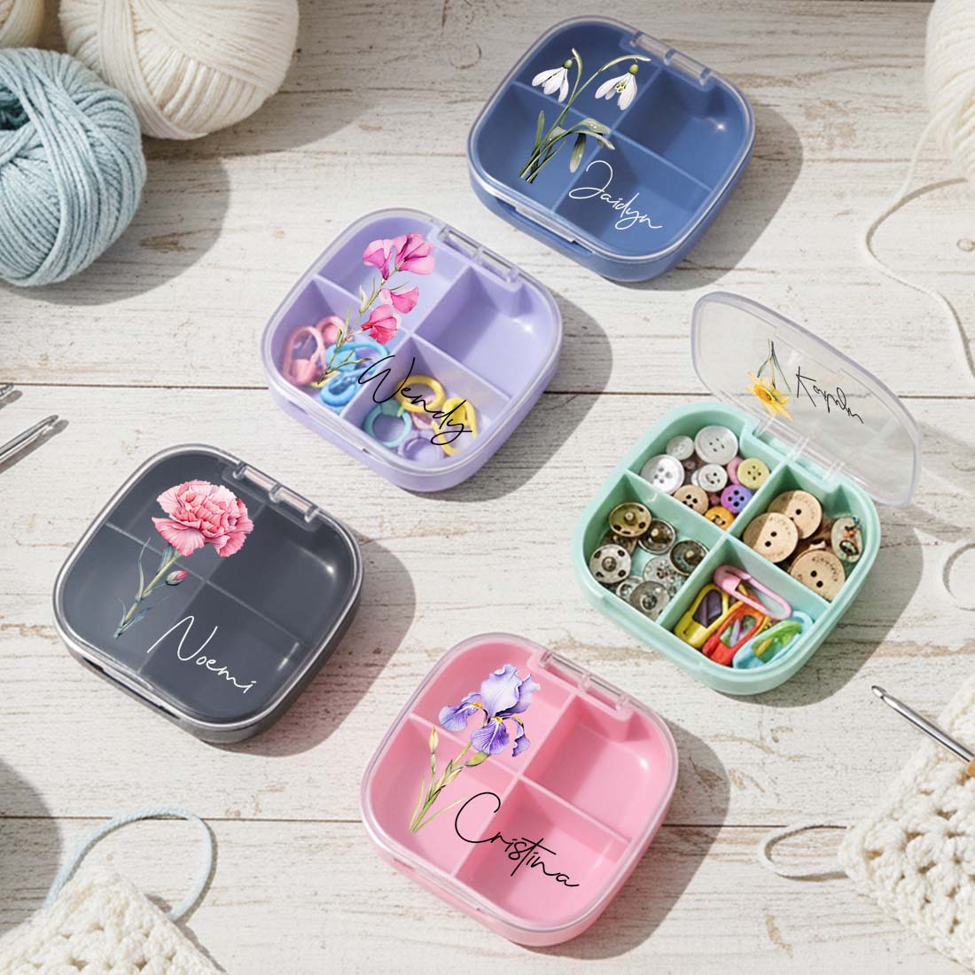Personalized Knitting Crochet Notions Case Mini Storage Box 4 Compartments Multi Section Stitch Markers Point Protectors Tools Travel Compartments Case Custom Name with Birth Flower Crochet Tool Organizer