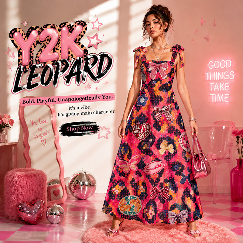 Personalized Y2K Leopard Woman Dress Tie-Shoulder Summer Vacation Dress Vintage Lace Print Dress Gift for Girlfriend