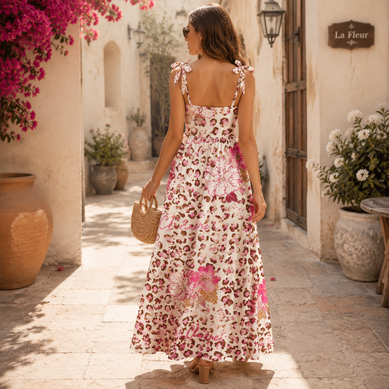 Personalized Leopard Dress Tie-Shoulder with Name Custom Name Summer Vacation Dress Vintage Lace Print Dress Gift for Girlfriend