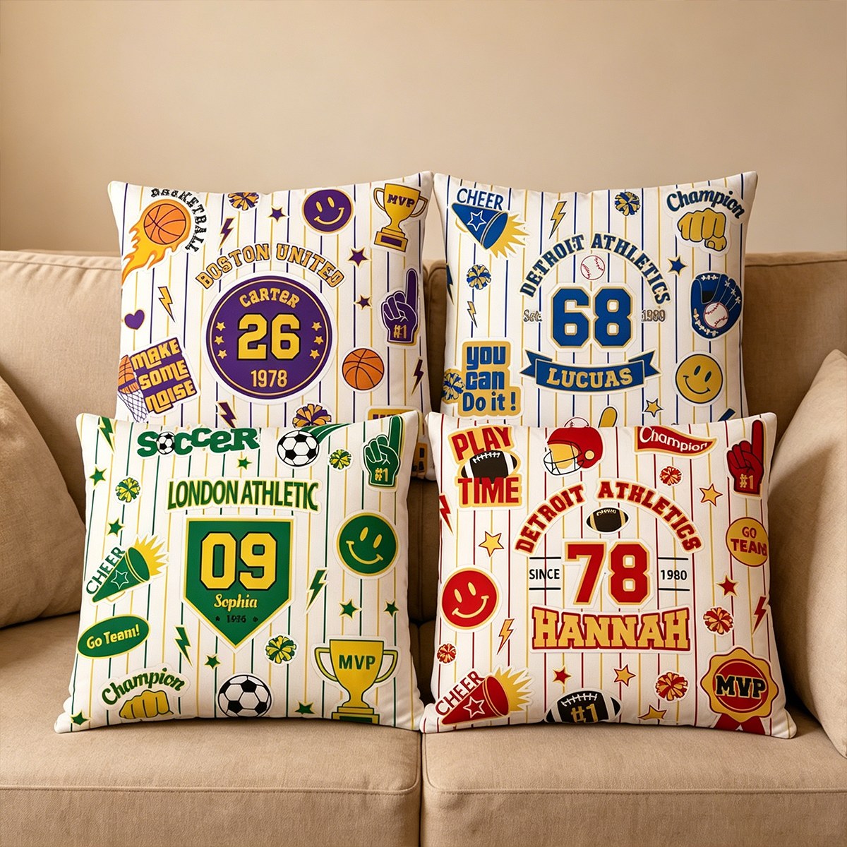 Personalized Sports Throw Pillow Custom Name Number Team Jersey Style Cushion Gift for Athlete Sports Fan