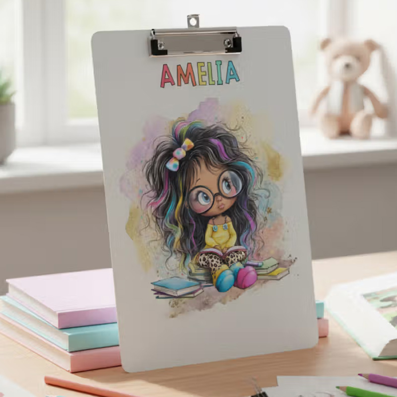 Personalized Cartoon Reading Girl Acrylic Clipboard with Name Back to School Birthday Gift for Students