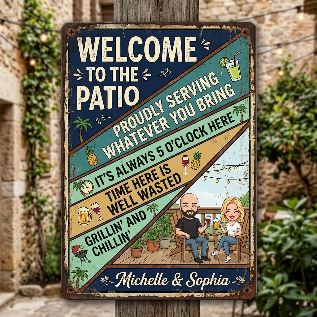 Personalized Retro Couple Patio Welcome Grilling Proudly Serving Whatever You Bring Husband Wife Couple Single Backyard Sign Personalized Custom Classic Metal Signs