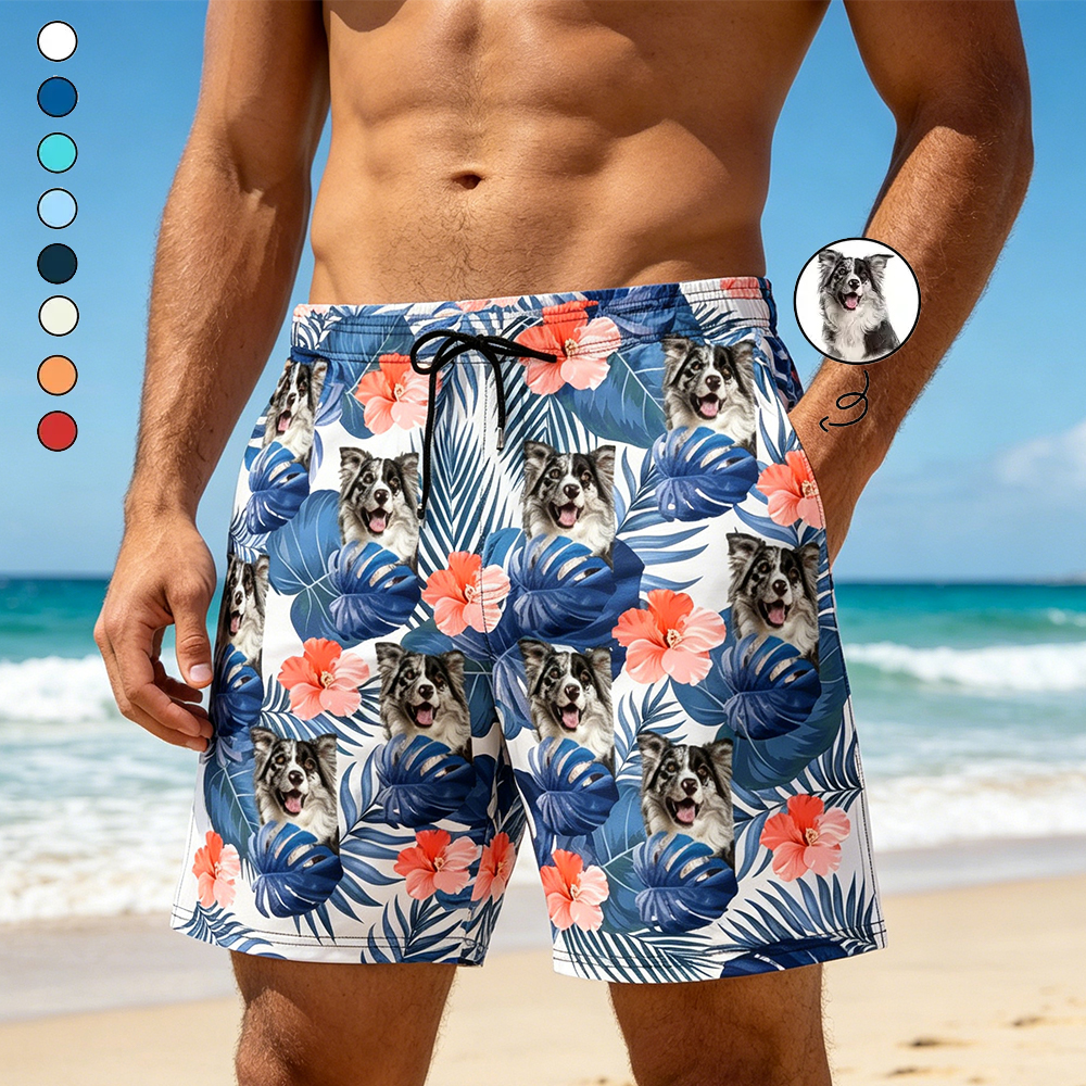 Personalized Unisex Beach Shorts Custom Photo Tropical Leaves Funny Family Pet Face Gift for Pet Lovers