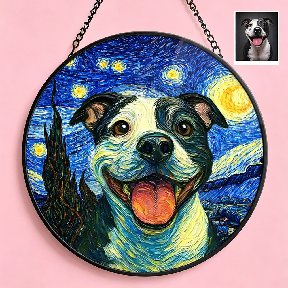 Personalized Stained Glass Window Hanging Suncatcher Custom Photo Starry Night Gift for Pet Lover