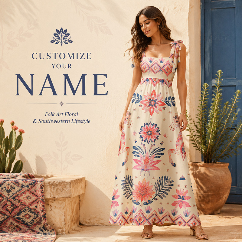Personalized Boho Ethnic Horse Floral Print Bow Tie Strap Sweetheart Neck Maxi Dress For Summer Southwest Vacation Beach Honeymoon