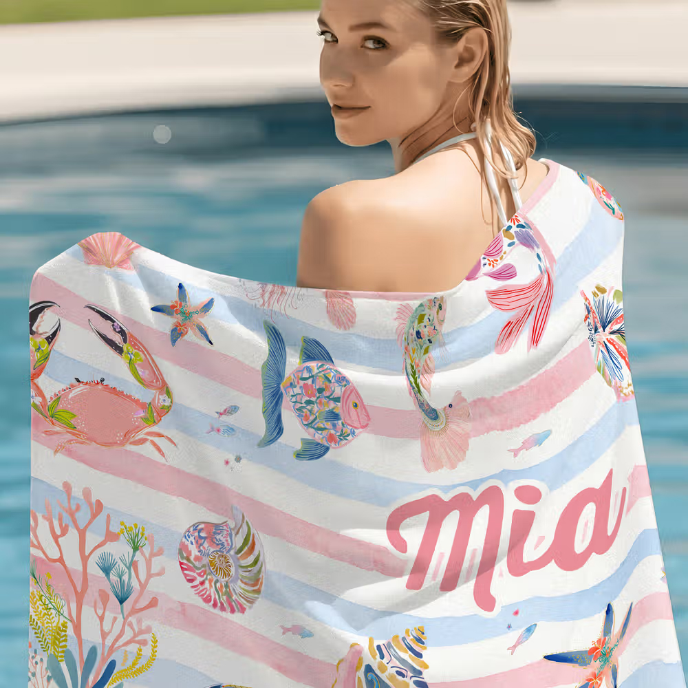 Personalized Watercolor Striped Marine Lives Microfiber Beach Towel with Name Birthday Summer Vacation Gift for Family