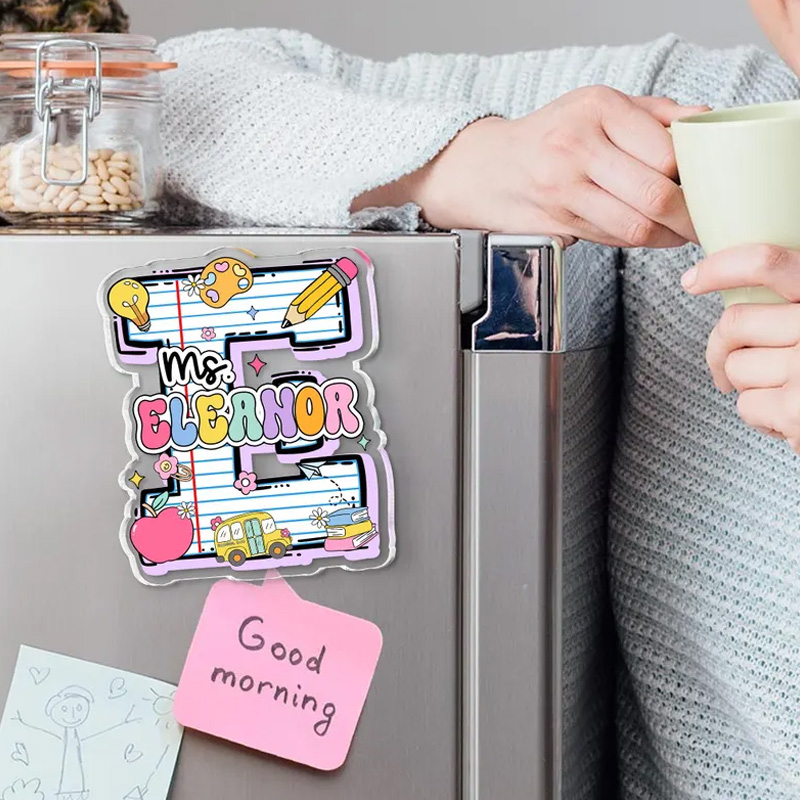 Personalized Colorful Teacher Classroom Doodle Letters Pencil Apple Book Crayon Name Initial Refrigerator Magnets